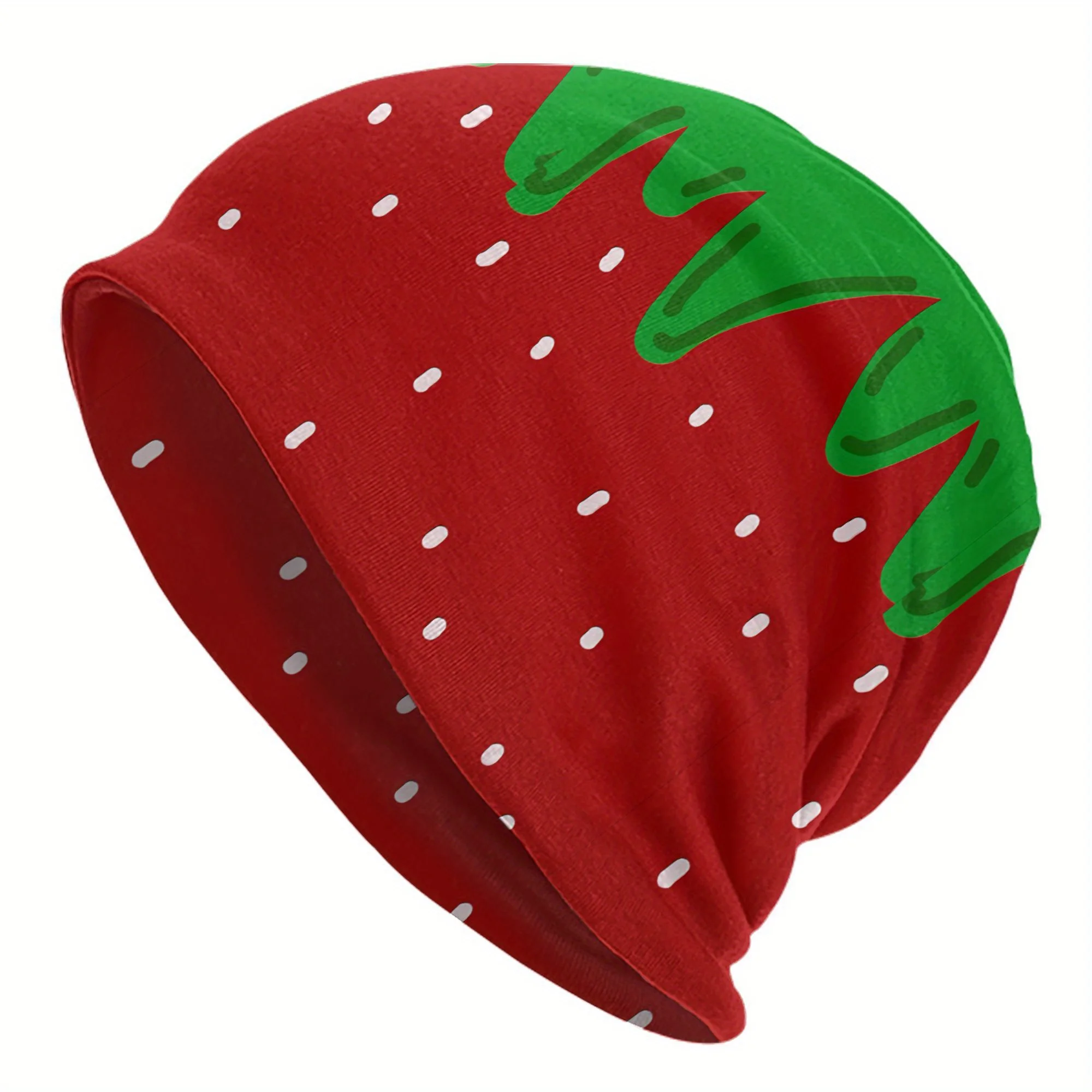Cute Cartoon Strawberry Print Beanie Hat Soft Stretchy Slouchy Skull Cap Sweet Fruit Pattern Lightweight Elastic