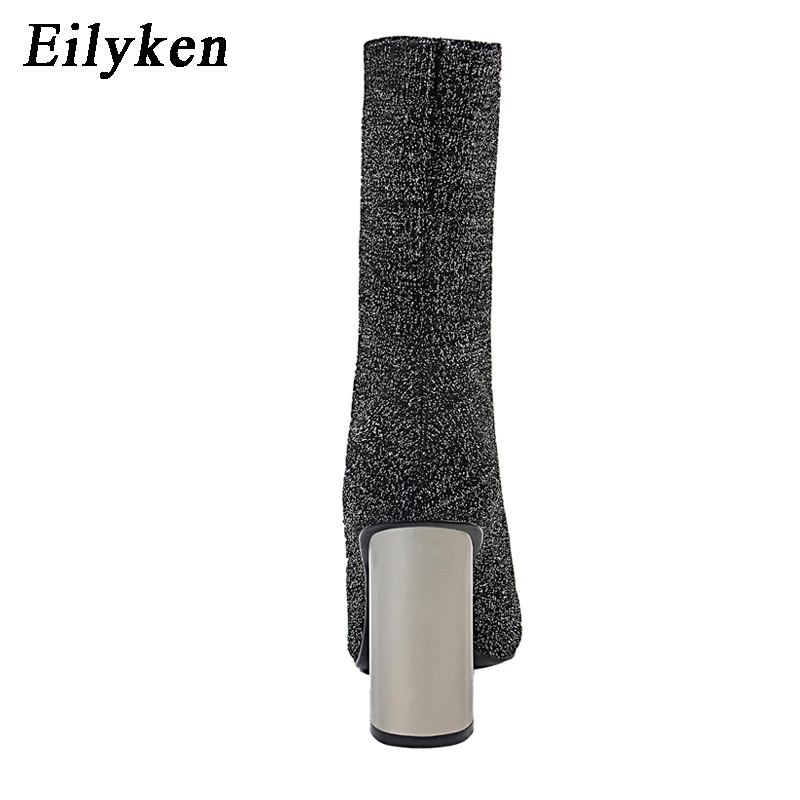 Eilyken Women Fetish Stretch Sock Boots Metal Block High Heels 9.5cm Short Ankle Boots Chunky Stripper Shoes Zapatos Mujer