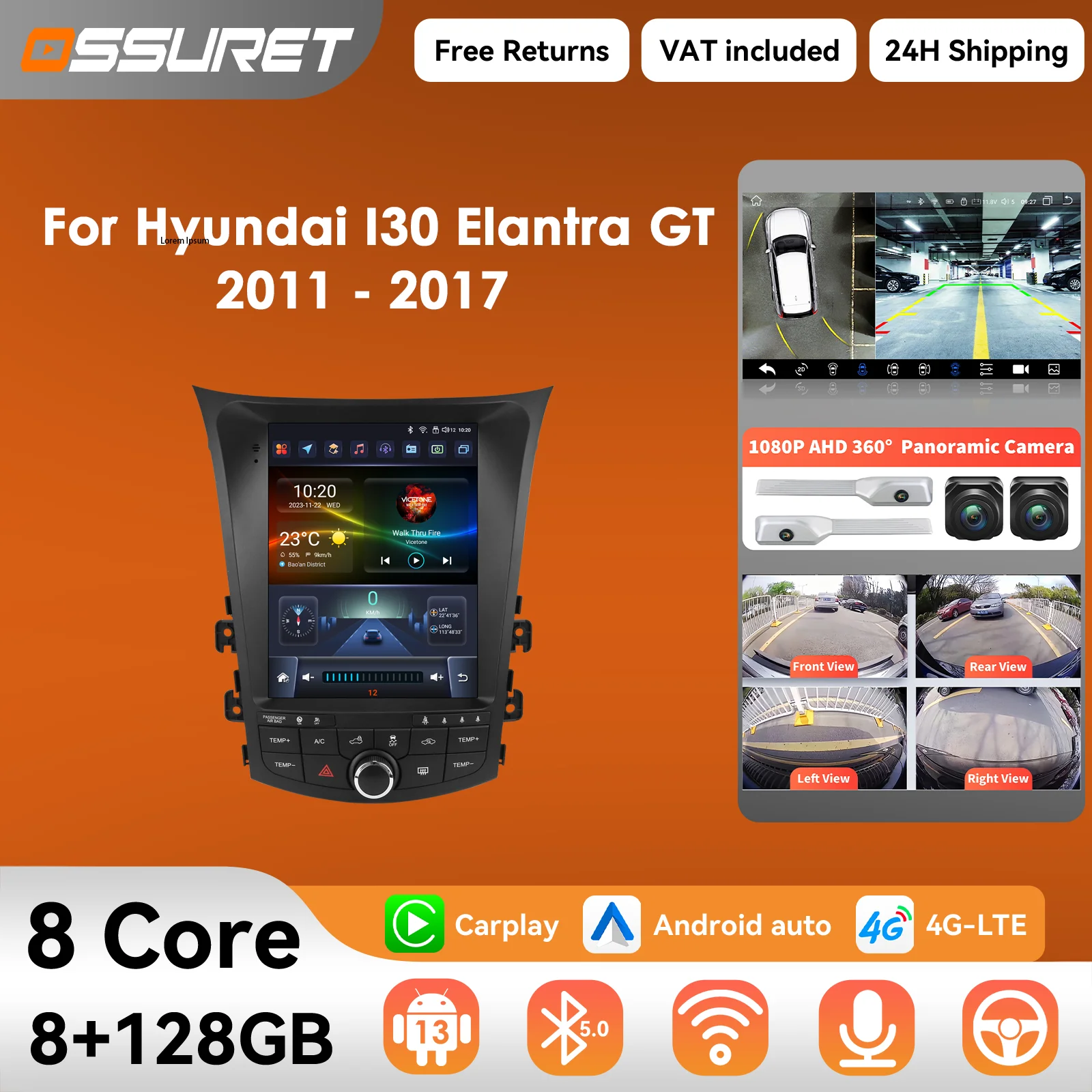 راديو سيارة أندرويد Carplay لاسلكي 9.7 بوصة لسيارة Hyundai I30 Elantra GT 2011-2017 mulltimedia 360 Cam RDS أنظمة ذكية للسيارة