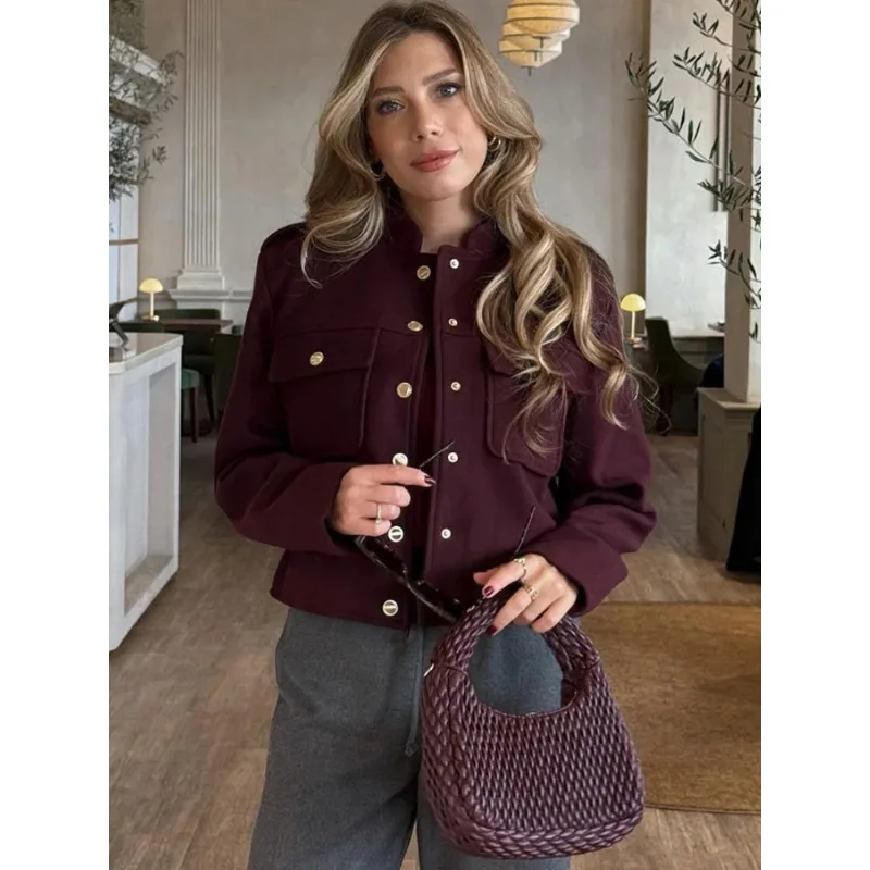 

Women's Retro Wine Red Cropped Jacket Stand Collar Long Sleeve Buttoned Epaulettes Patch Pocket Coat Fall Winter New Jacket