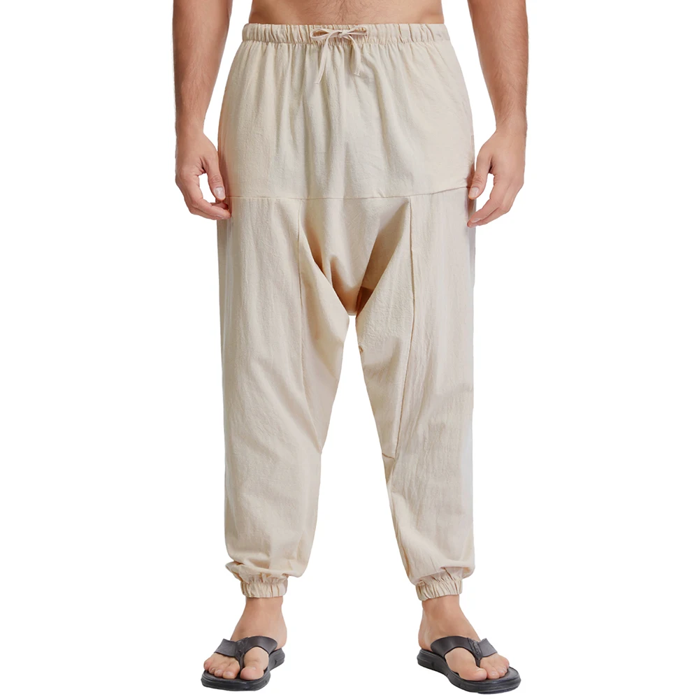 

Мужские весенние брюки-шаровары в стиле хип-хоп, свободного кроя, с заниженной мотней, уютные, из хлопка и льна, однотонные, повседневные