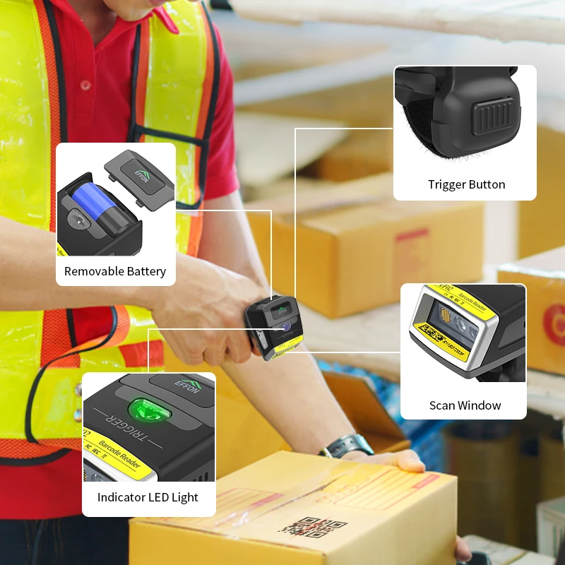 Effon EF02 Industry Wearable Finger Barcode CMOS Scanner Blue Tooth 2D Ring Scanner for Warehouse Shipping Logistics Solution