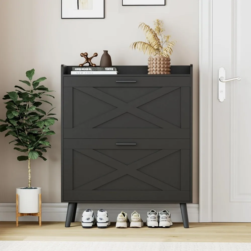 

Modern Farmhouse Shoe Storage Cabinet with 2 Flip Drawers Barn Door Adjustable Shelves Hidden Narrow Shoe Rack for Entryway
