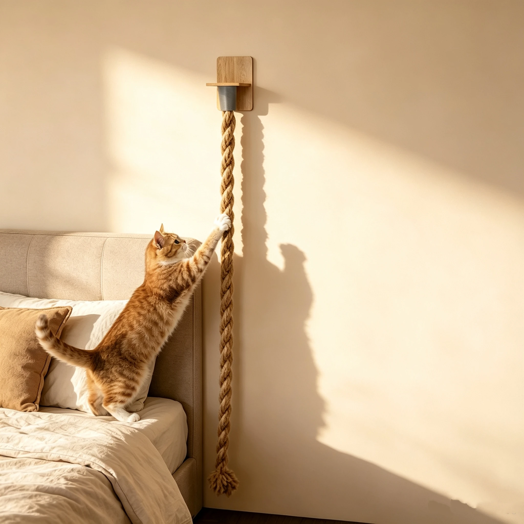 Wall Mounted Cat Climbing Rope with Wooden Base Kitten Scratching Post Interactive Jungle Play Toy Indoor Furniture for Cats