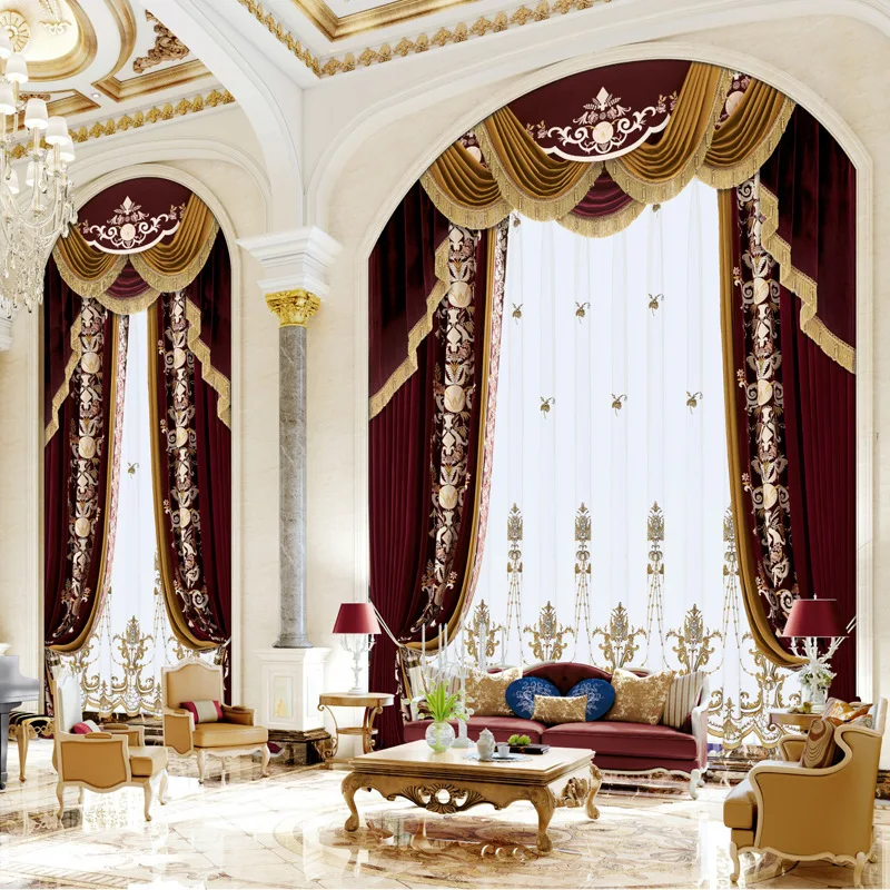 High-end Luxury European French Flannel Curtains, Living Room American Embroidery Curtains, Villa Duplex Floor Curtains