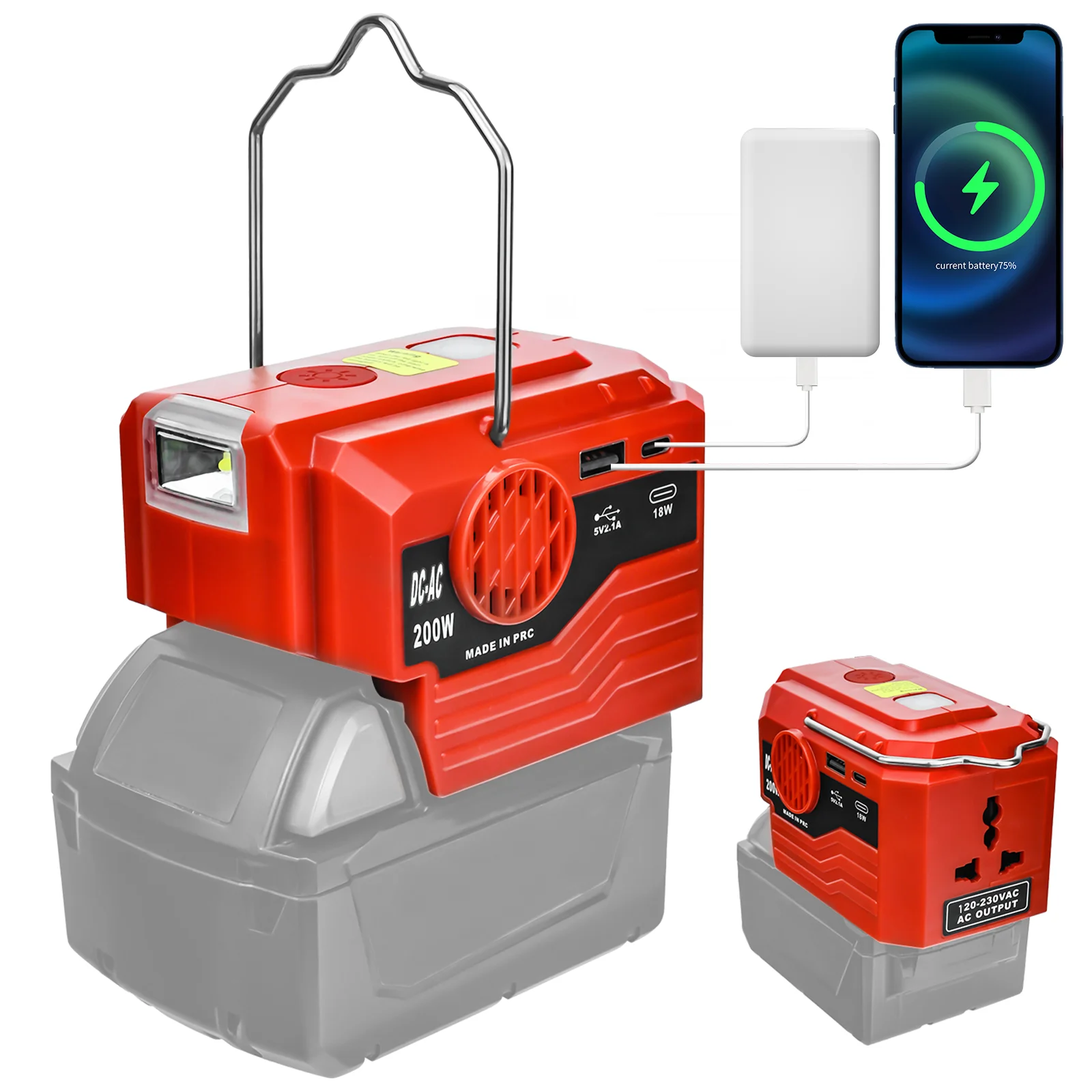 

200W Portable Power Inverter for Milwaukee 18V Battery Convert DC 18V/20V to AC 120V Adapter with USB & Type-C Port (No Battery)