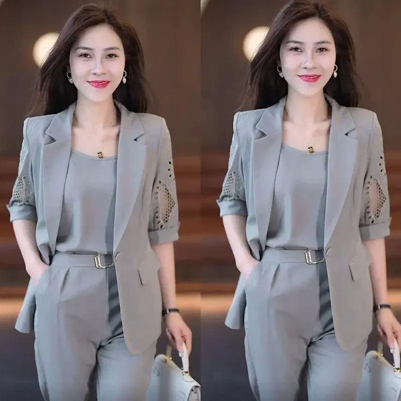 

2024 New Vintage Hollow Short Sleeve Jacket with Tank Top Casual Pants Three Piece Elegant Women's Pants Suit Office Set