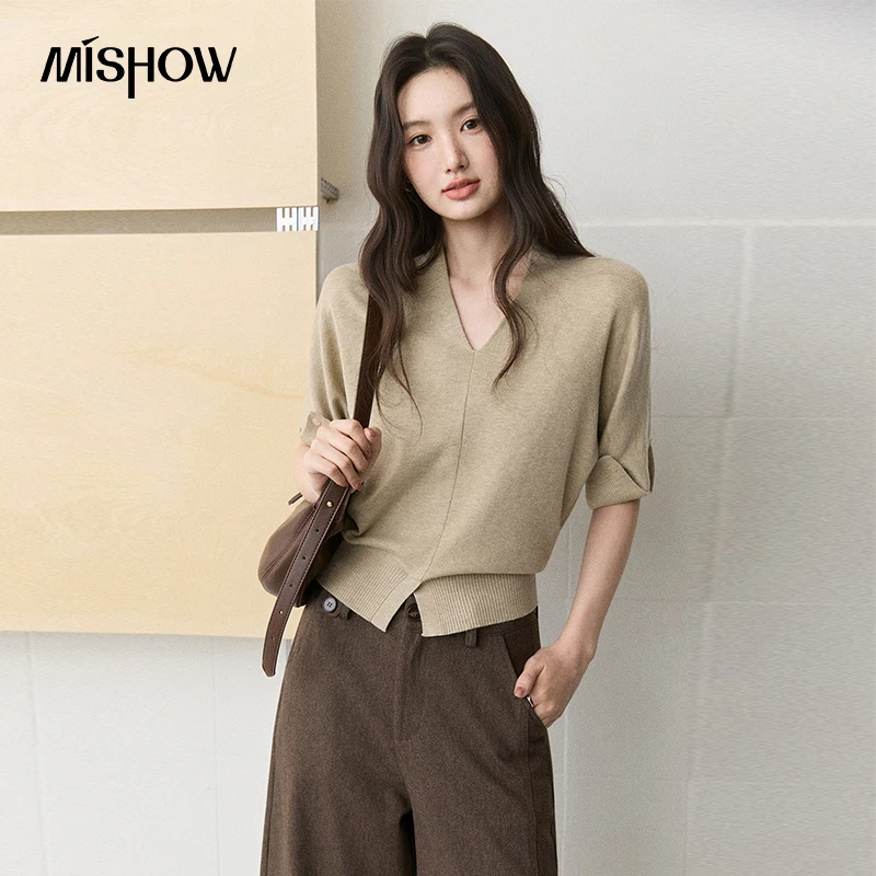 MISHOW Women's V Neck Batwing Sleeve Knit Top 2026 Autumn Wool Blend Solid Knitted Top Slim Waist Elegant Knitwear MXF42Z3212
