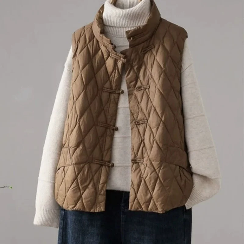 Winter Chinese Style Frog Sleeveless Down Waistcoat Parkas Women Warm Light White Duck Down Vest Coat Female Short Tank Jacket