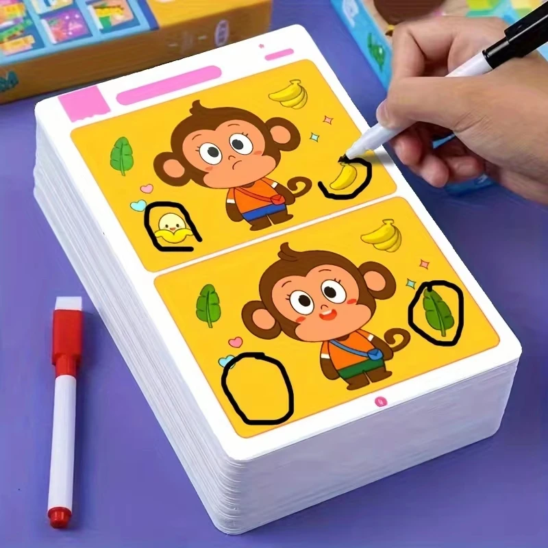 Find Differences Card Game Reusable Cartoon Educational Puzzle for Kids Three Difficulty Levels for Focus Attention Training