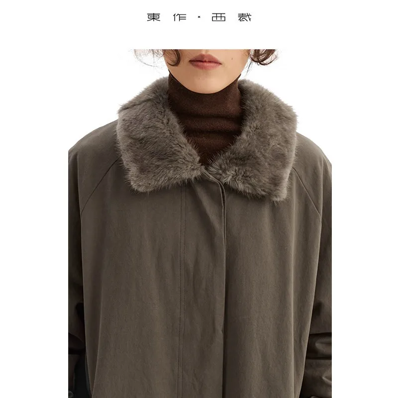 豪華で暖かい～ミンクファー襟＋グースダウン充填 2025年レディース新作 冬用 暖かく厚みのあるカジュアルトレンチコート ミドル丈スタイル