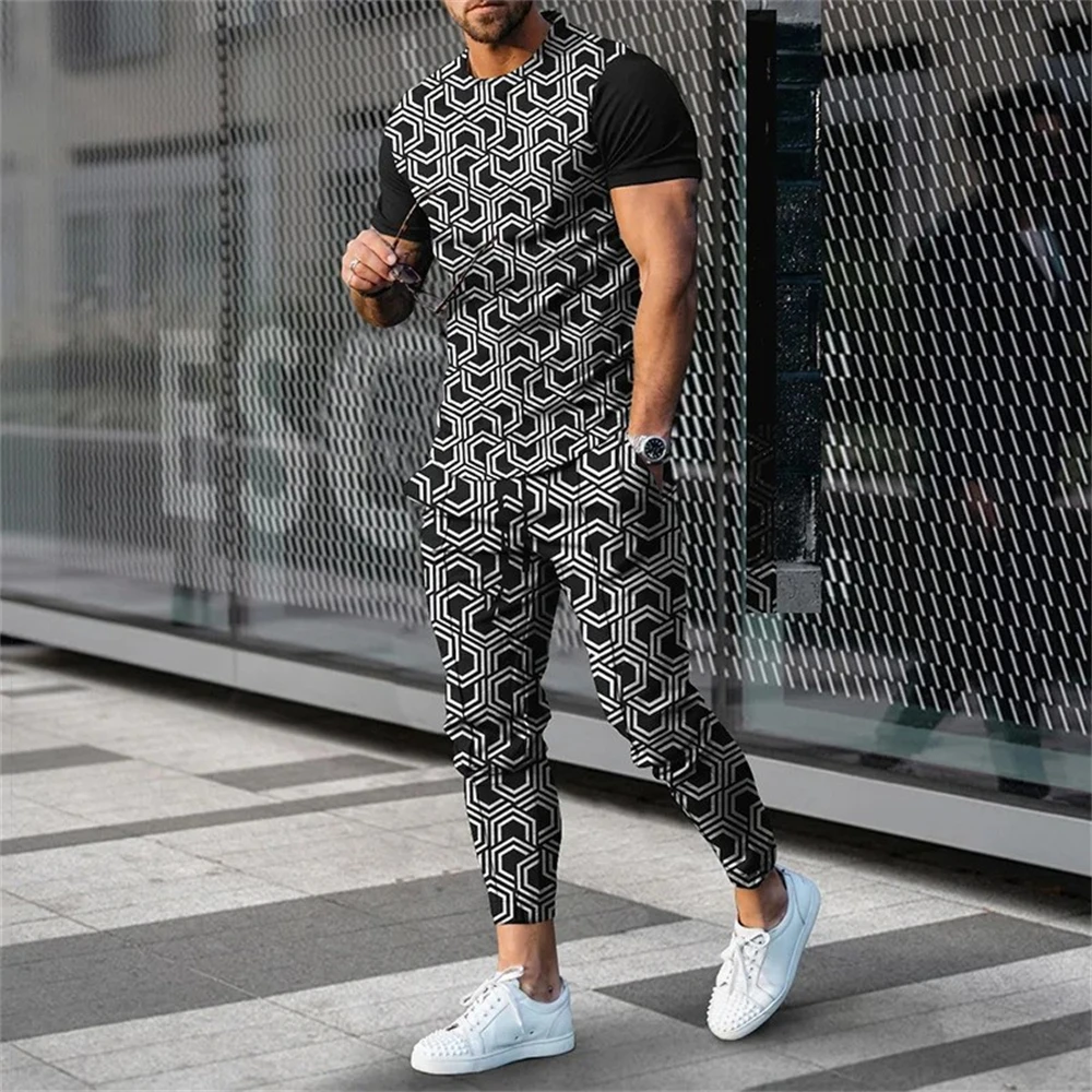 Summer Men 2Piece Casual Clothing Male Retro Style Sportswear 3D Printed T-Shirt Trousers Set Fashion Solid Color Tracksuit