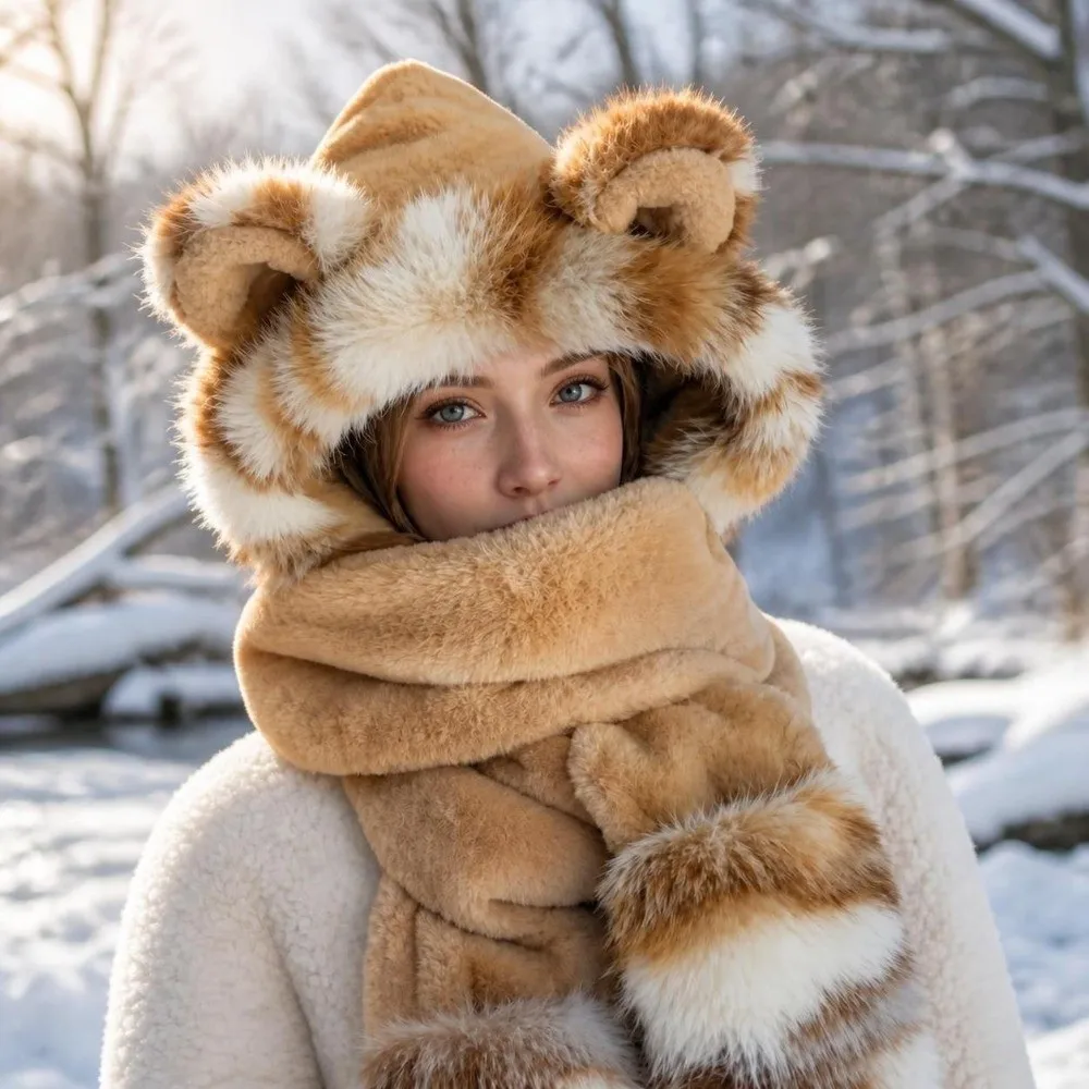 3-in-1 Design Hat Scarf Gloves Set Thick Faux Fur Hooded Scarf Gloves Combo Fluffy Soft Windproof Warm Lining