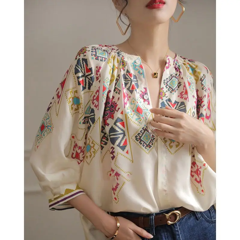 Frühling Sommer neue Ärmel drucken lose Bluse Knopf All-Match Plus Size Vintage Shirt Tops elegante Temperament Frauen kleidung