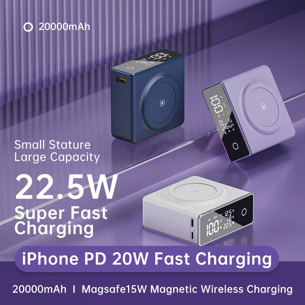 보조배터리 20000mAh Power bank 노트북 보조배터리 ,미니 휴대용 충전기, 22.5W 보조배터리 고속 충전, Magsafe power bank 아이폰용 마그네틱 무선 충전, 맥세이프 맥세이프 보조배터리