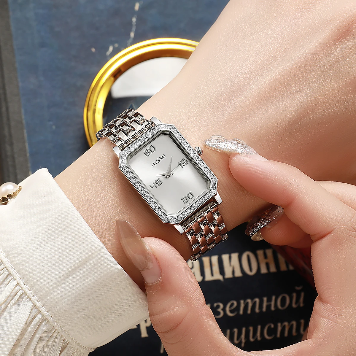 

Luxury Square Women's Wristwatch, Silver Stainless Steel Band, Diamond Bezel, Minimalist Dress Watch for Ladies, Ideal Gift for
