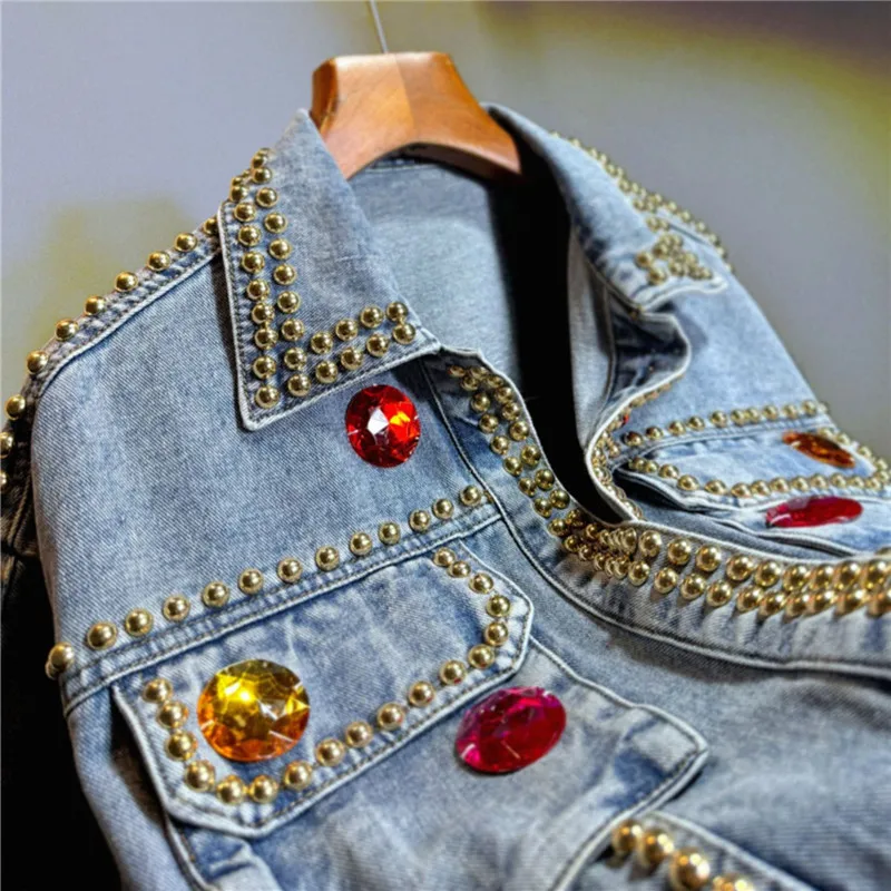 Spring Autumn Beading Diamond Big Pocket Denim Jacket Women Cowboy Outerwear Streetwear Vintage Loose Short Jeans Jacket Female