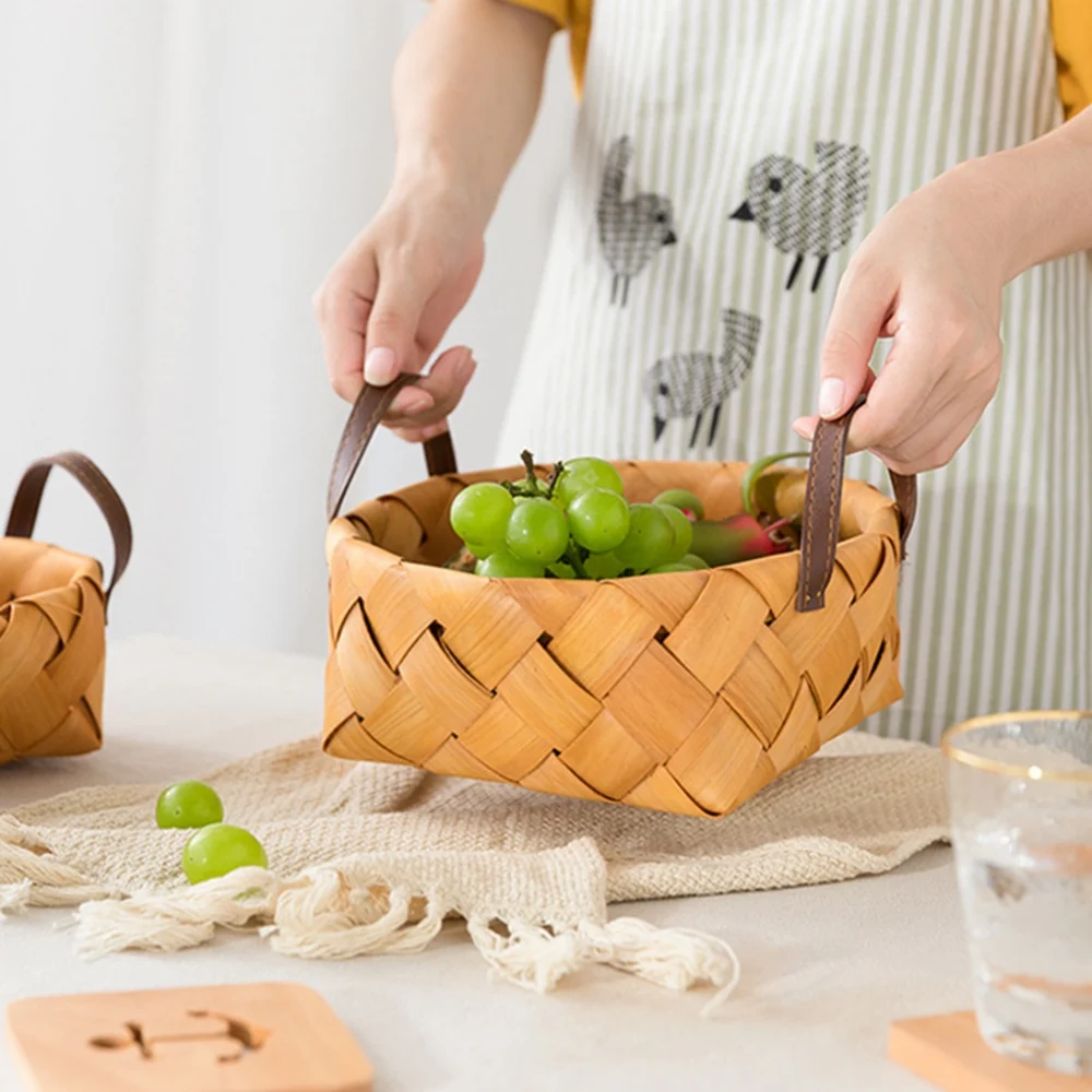 Wicker Rattan Storage Basket Bamboo Hand-woven Basket With Handle Round Square Bread Food Fruit Plate Cake Platter Serving Tray