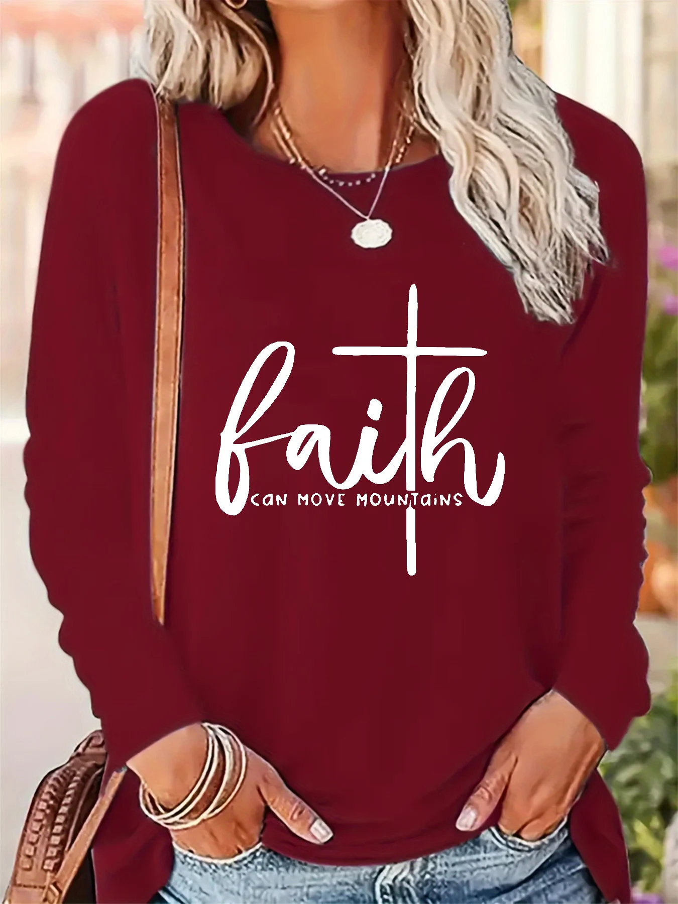 Primavera e outono feminino 100% algodão puro moda casual solto carta padrão impresso em torno do pescoço manga comprida camiseta topo