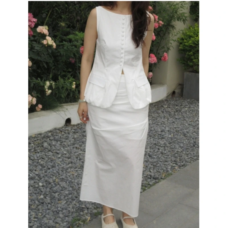 

25 year new Nordic minimalist sleeveless floral bud shaped top+side slit skirt set