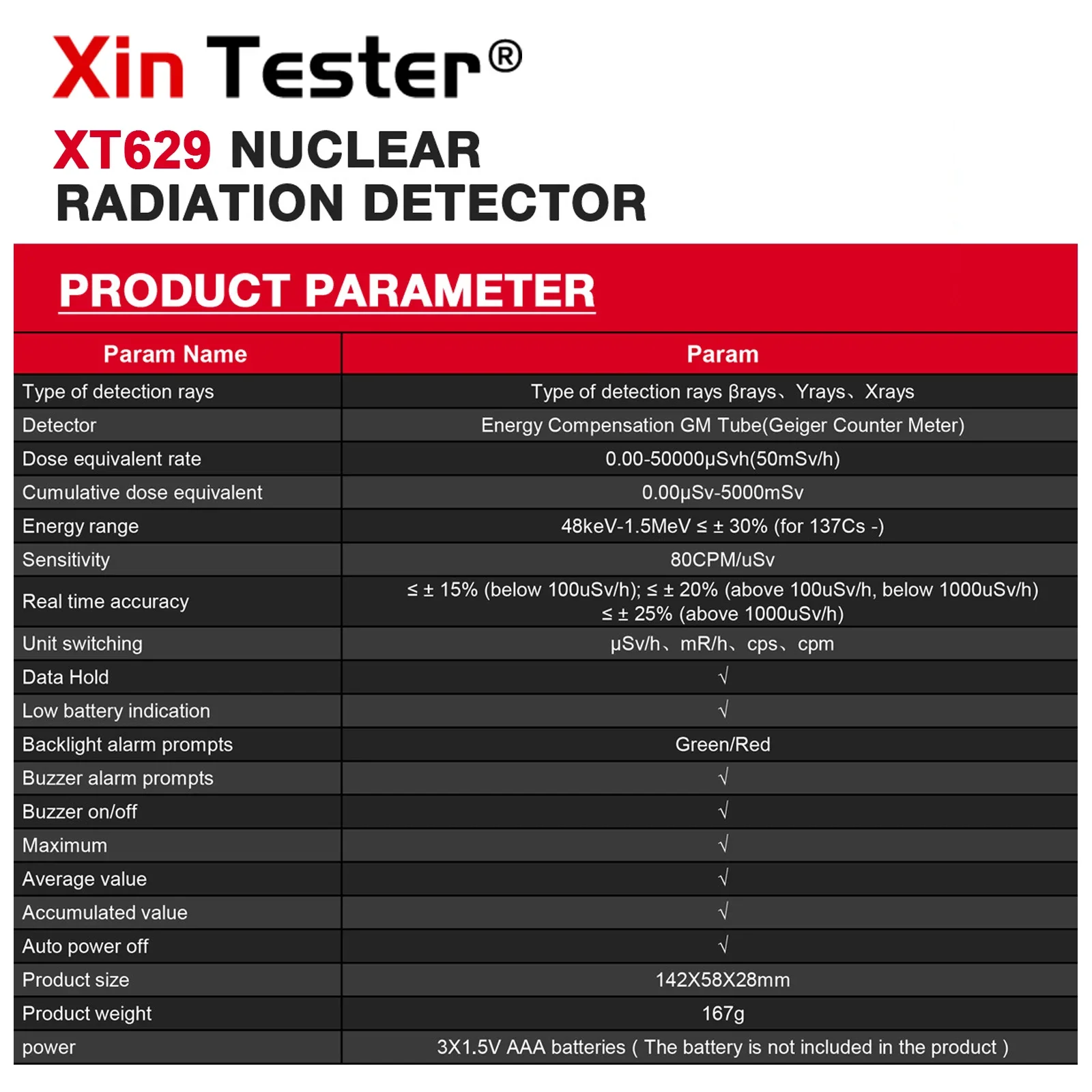 Xin Tester XT629 Detektor promieniowania jądrowego Licznik Geigera Detektor radioaktywności rentgenowskiej Beta Gamma do testera promieniowania