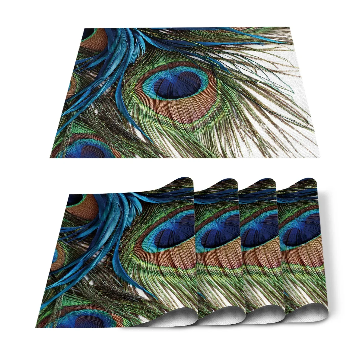 4pcs Set Table Mats Peacock Feather Art Printed Cotton Linen Table Napkin Kitchen Accessories Home Party Decorative Placemats