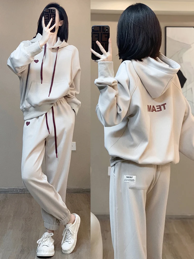 Off white Love Hooded top Sports Set for Women\'s 2023 Spring and Autumn new Loose Embroidery Casual Sports two-Piece set S-2XL