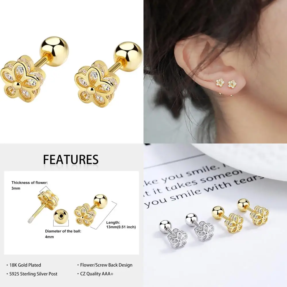 

Серьги-гвоздики из стерлингового серебра 18 карат с позолотой и цветком из кубического циркония, маленькие изящные милые серьги для женщин, модная элегантность с безопасным Sc