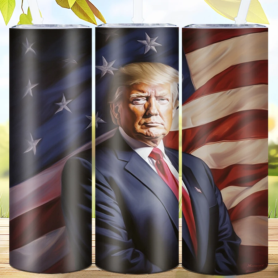 3D Print Trump & USA Flag Party Festive Tumblers With Straw Lid Exquisite Tumblers 20oz Stainless Skinny Straight Festive Mugs