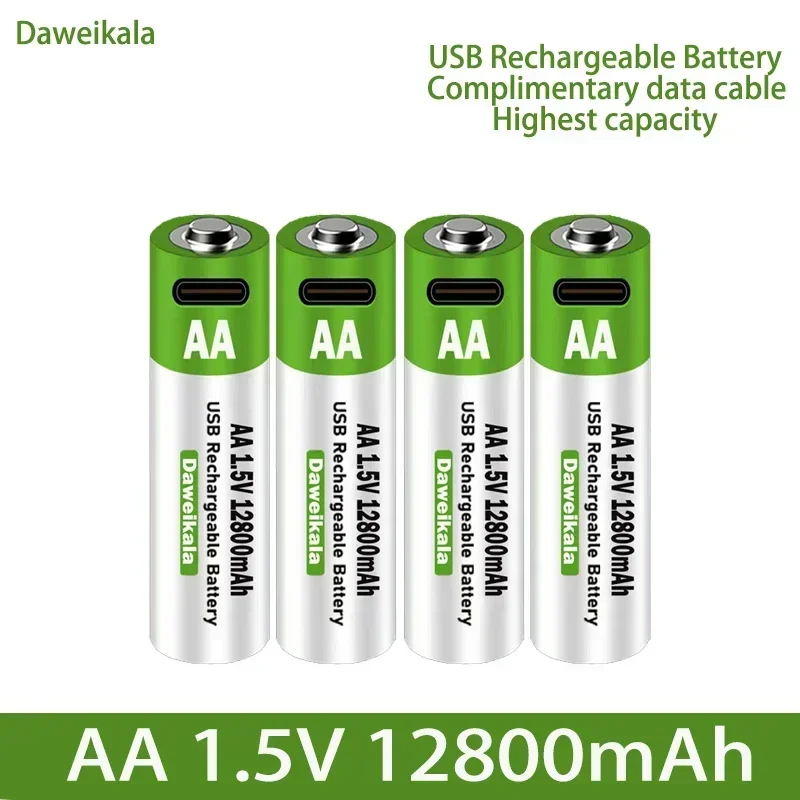 2024 New 1.5V USB AA Rechargeable Battery 12800 mAh Li-ion Battery for Remote Control Mouse Electric Toy Battery + Type-C Cable