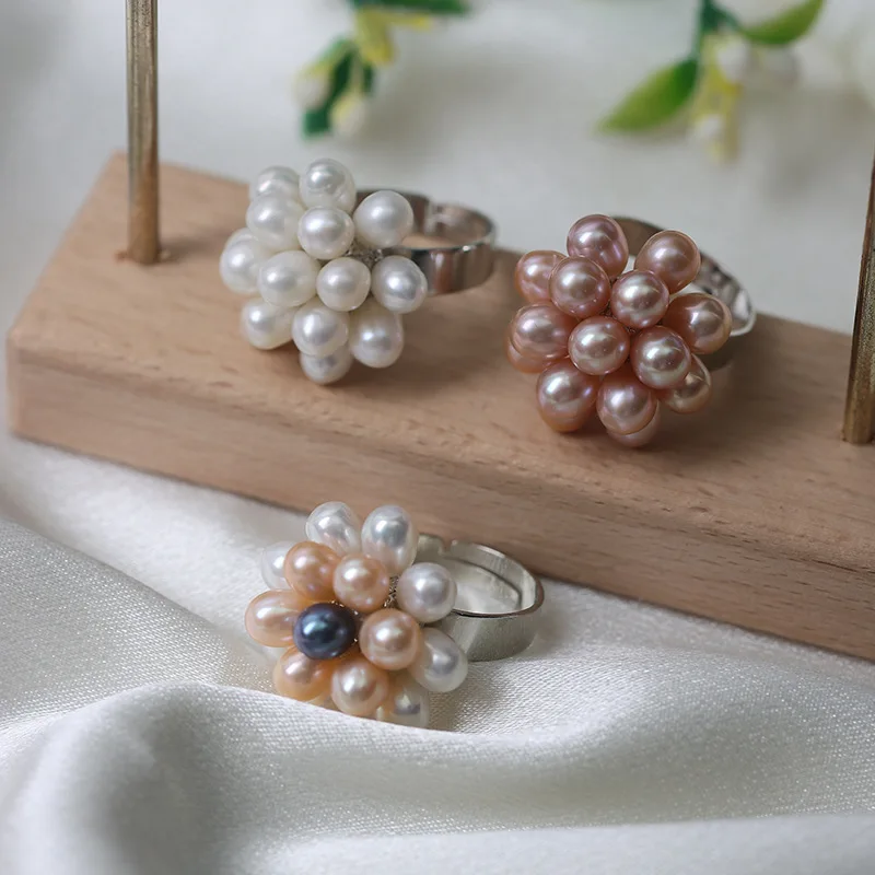 Elegant Natural Freshwater Pearl Flower Rings for Women Bridal 5-6mm Small Rice Baroque Pearl Ring Bands Wedding Luxury Jewelry
