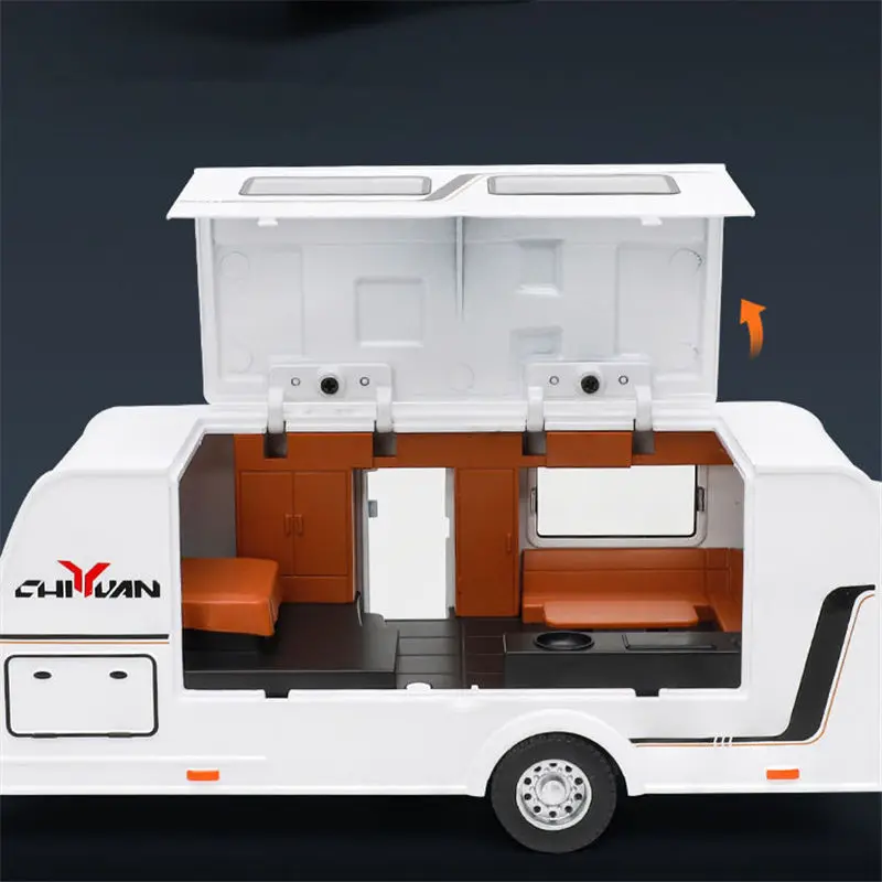 1/32 Alloy Trailer RV Car Model Diecast Metal Recreational Off-road Vehicle Truck Camper Car Model Sound and Light Kids Toy Gift