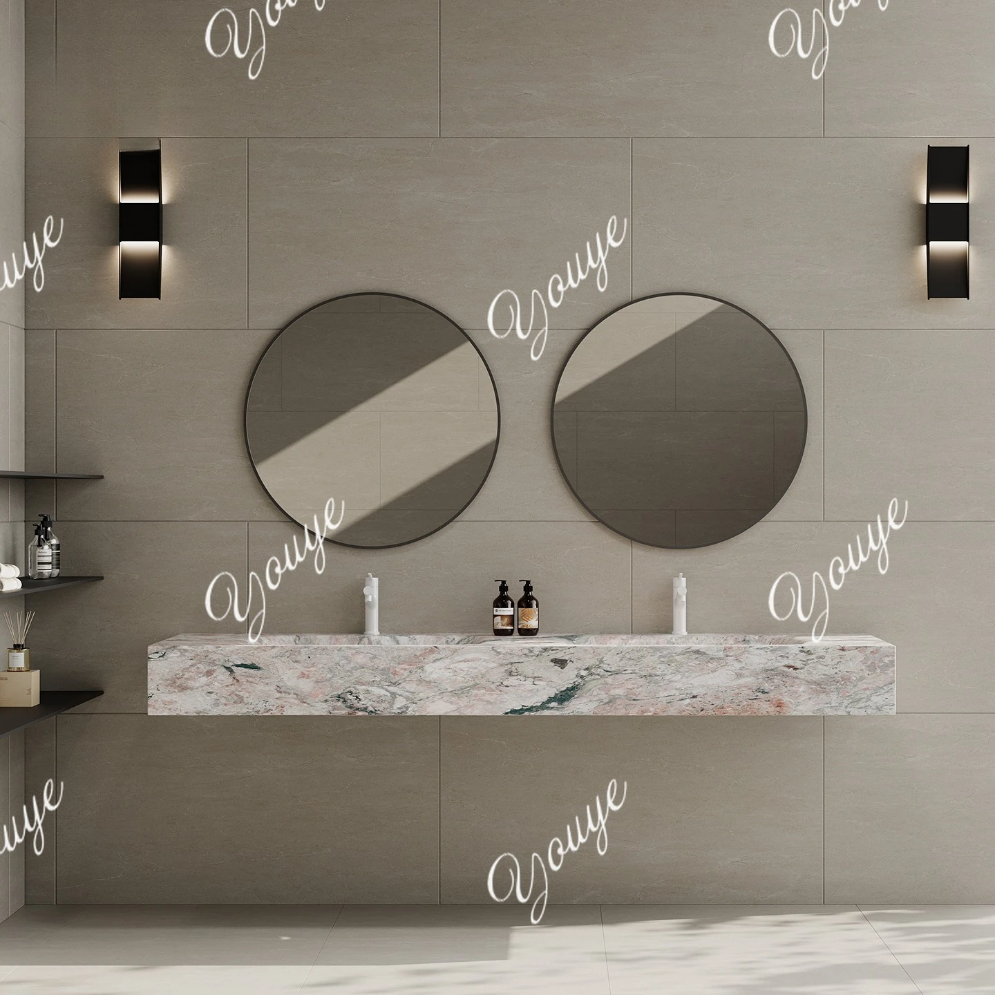 Rauchpulver, Felsplatte, heißes Biegen, integriertes Doppelwaschbecken, Doppelhahn, Wandwaschbecken, Hotel-Doppelwaschbecken