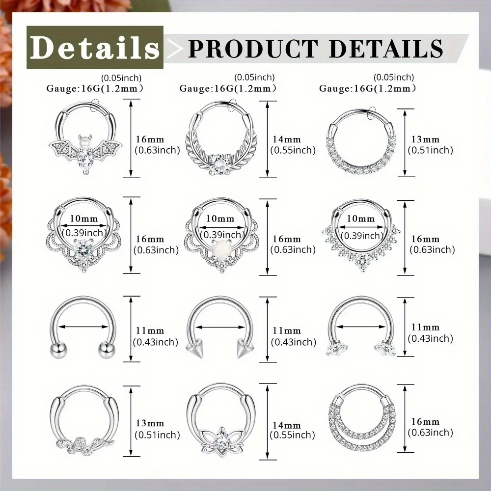 DOLOTTA 1Pc Stainless Steel Septum Ring 16G Daith Earring Nose Ring Hoop CZ Opal Cartilage Helix Tragus Clicker Piercing Jewelry