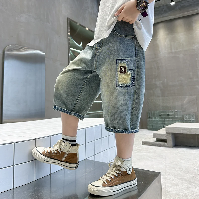 Kids Summe Ripped Denim Shorts for Teens Boy High Fashion Jeans Capris with Hole Children Stylish Mid Calf Pants 5 7 9 11 13 14Y