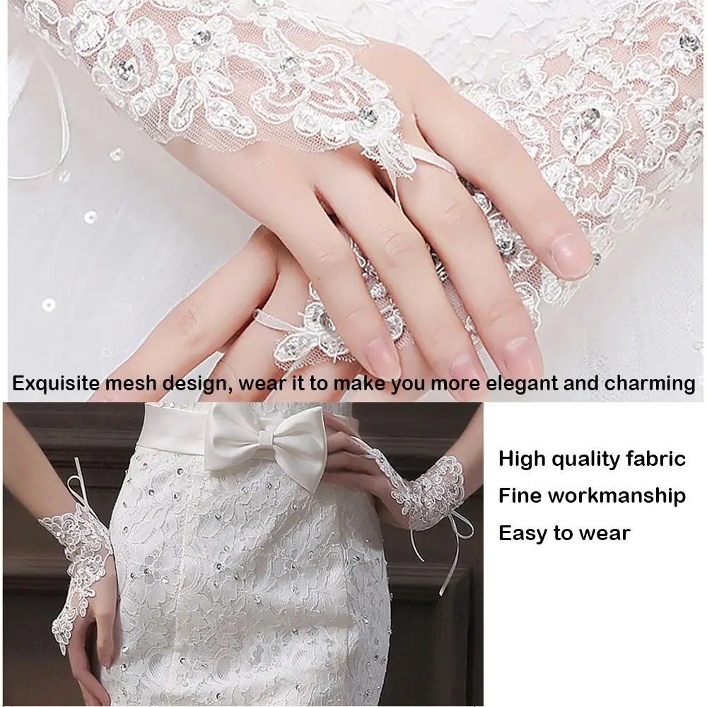 فتاة الجمال الأحمر الأبيض أصابع قفازات الزفاف الزفاف الدانتيل مطرز لإكسسوارات الزفاف الزفاف