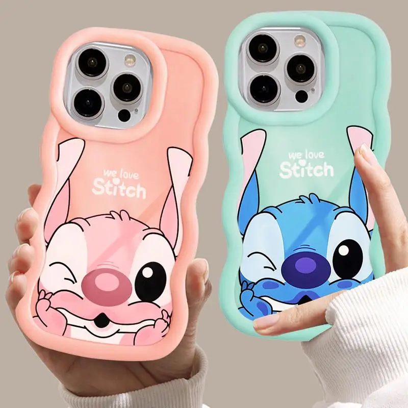 Luxury Macaron Waves Phone Case for iPhone 15 14 13 12 11 pro Max XS XR X 7 8 plus Disney Pink Angel Blue Stitch Couple Cover