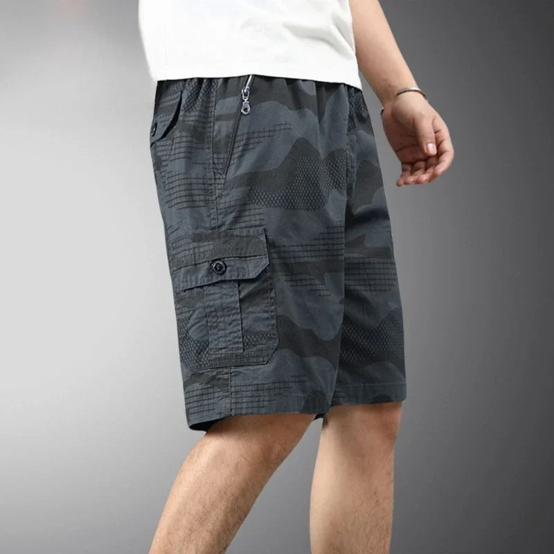 Celana Pendek Kargo Pria Celana Pendek Pria Longgar Bermuda Kamuflase Ukuran Besar Pinggang Elastis Longgar Ukuran Besar dengan Kantong Tali Tarik Setengah