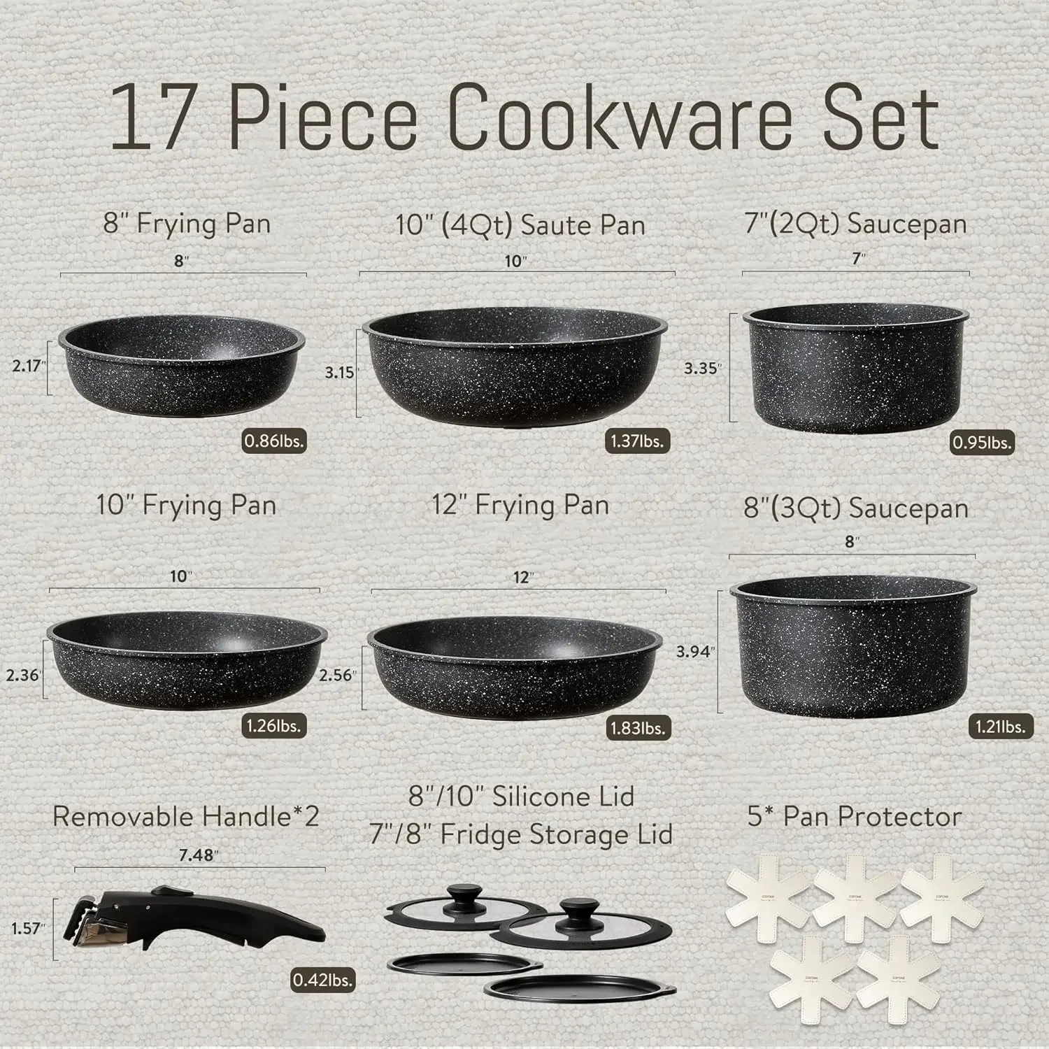 17pcs Pots and Pans Set Detachable Handle, Nonstick Cookware Set with Removable Handle,RV Kitchen Set, Oven Use, Camping