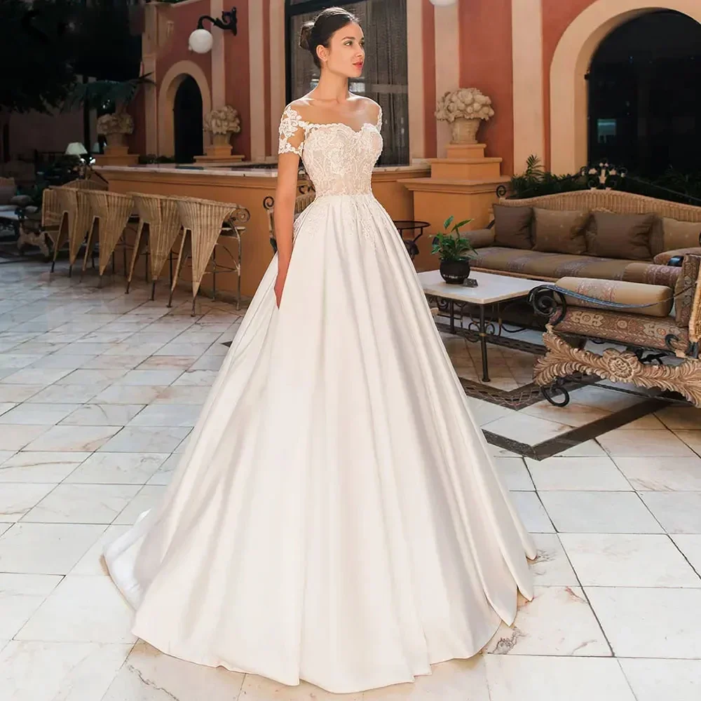 Customized Elegant Shoulder Catching Sweetheart Wedding Dress Satin A-line Decal Off Shoulder Floor Pulling Bridal Dress