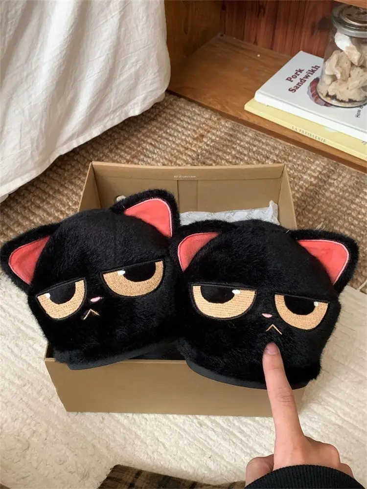 Women men indoor home slides shoes ladies fun fuzzy kitten slipper cat lovers indoor shoes Winter black unhappy kitty slippers view 5