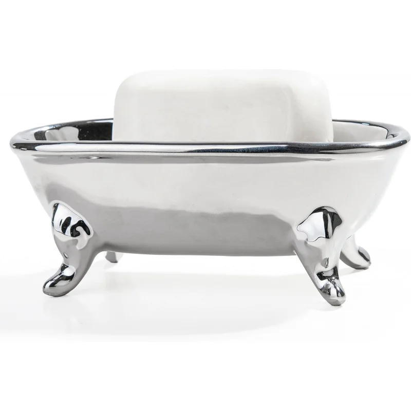 

‌ 6.7" Ceramic Mini Clawfoot Bathtub Soap Dish - Decorative Bar Holder & Sponge Tray ‌