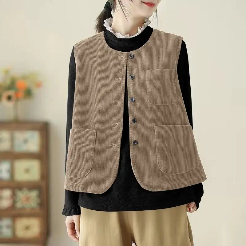 

Spring Autumn 2025New Vintage Round Neck Joker Corduroy Vest Women's Jacket Casual Loose Ladies Sleeveless Waistcoat Female Tops
