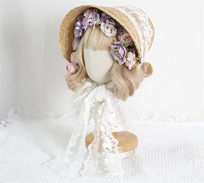 Tea Party Lolita Straw Hat Flat hat Bonnet Handmade Mori Girl Gorgeous Elegant Princess Beach Summer Bnt D1145