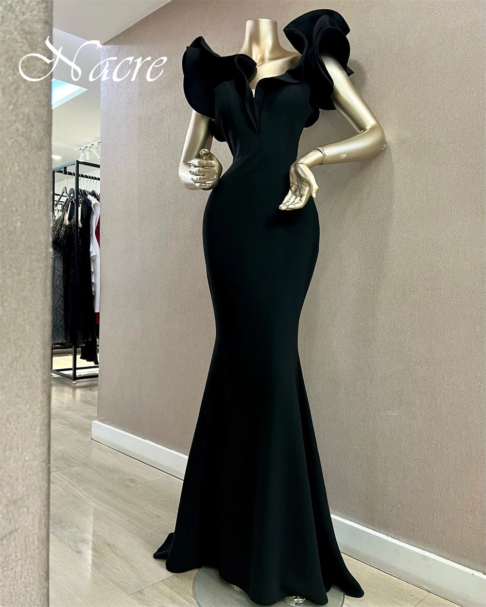 Personalizado requintado com decote em v ruched sem mangas vestido de noite temperamento preto sereia jérsei vestidos de baile clássicos vestidos de festa