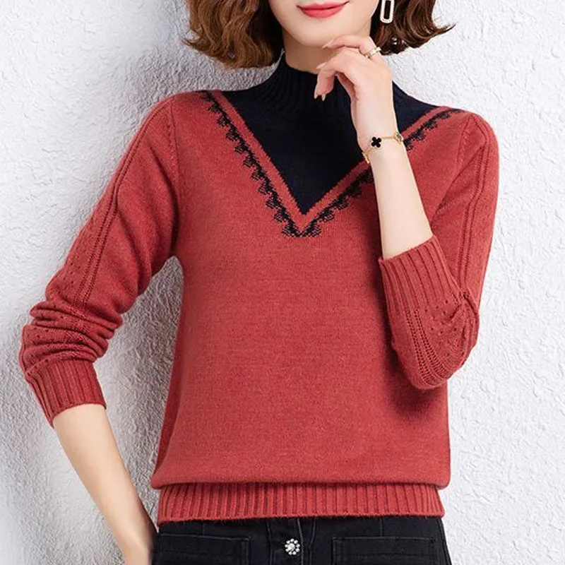 New Autumn Winter Fashion Trend Fake Two Piece Color Block Half High Neck Loose Versatile Warm Women\'s Knitted Sweater