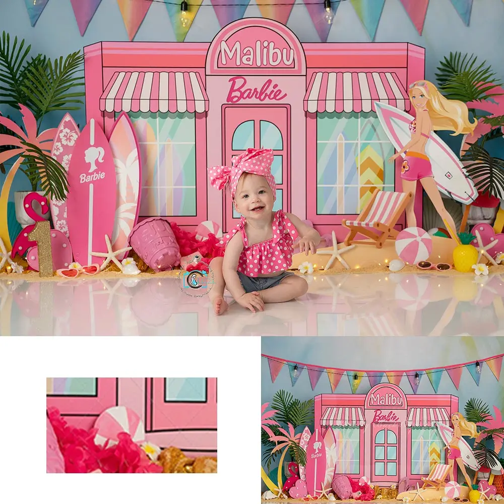 

Malibu Surf Shop Барби фото фон детский торт Smash реквизит для фотосъемки для девочек и взрослых фон для студии на день рождения