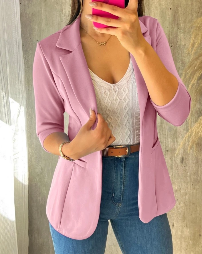 Pink Collar Slim Fit Suit with Open Collar Long Sleeved Sports Jacket Solid Color Versatile Coat for Autumn Winter Commuting