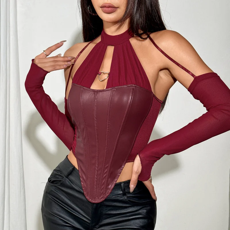 

Autumn New INS Street Style PU Leather Tube Top with Patchwork Sleeves Halter Tie Fishbone Top for Women