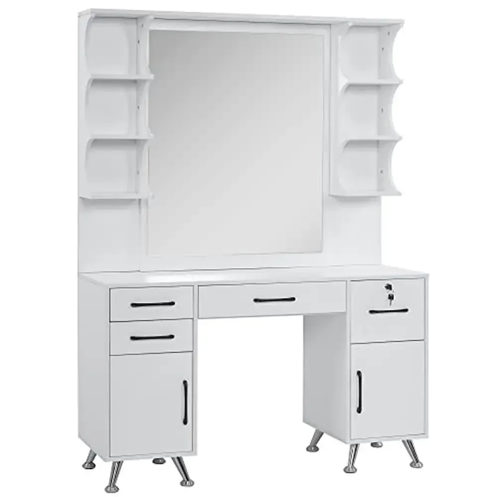 

Makeup Vanity Set Mirror Beauty Spa Styling Storage Station Drawers Cabinets White_Height 65.6" Width 51.3" Durable Engineered